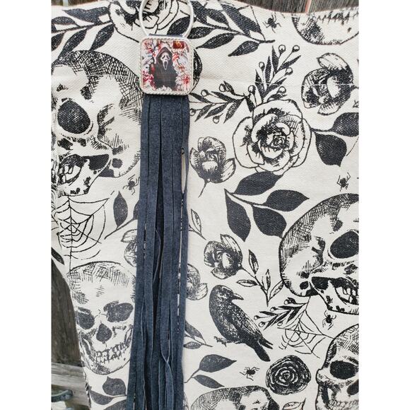 Handmade Halloween horror Leather Fringe purse bag charm keychain spooky vibes - Picture 2 of 4